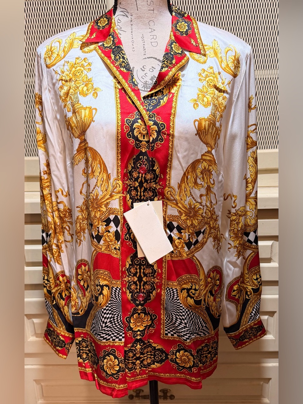 Deadstock NWT Escada Silk Novelty Print Blouse Early 90s Maximalist Baroque